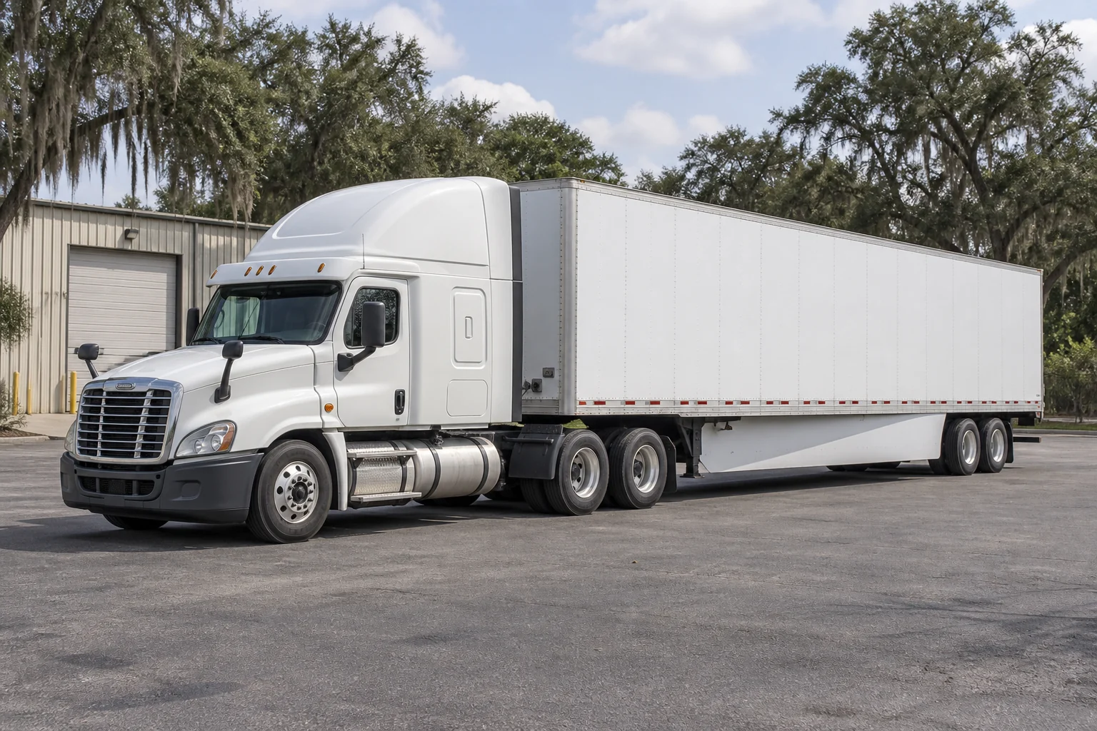 White tractor and dry van in an oak-lined Florida industrial yard