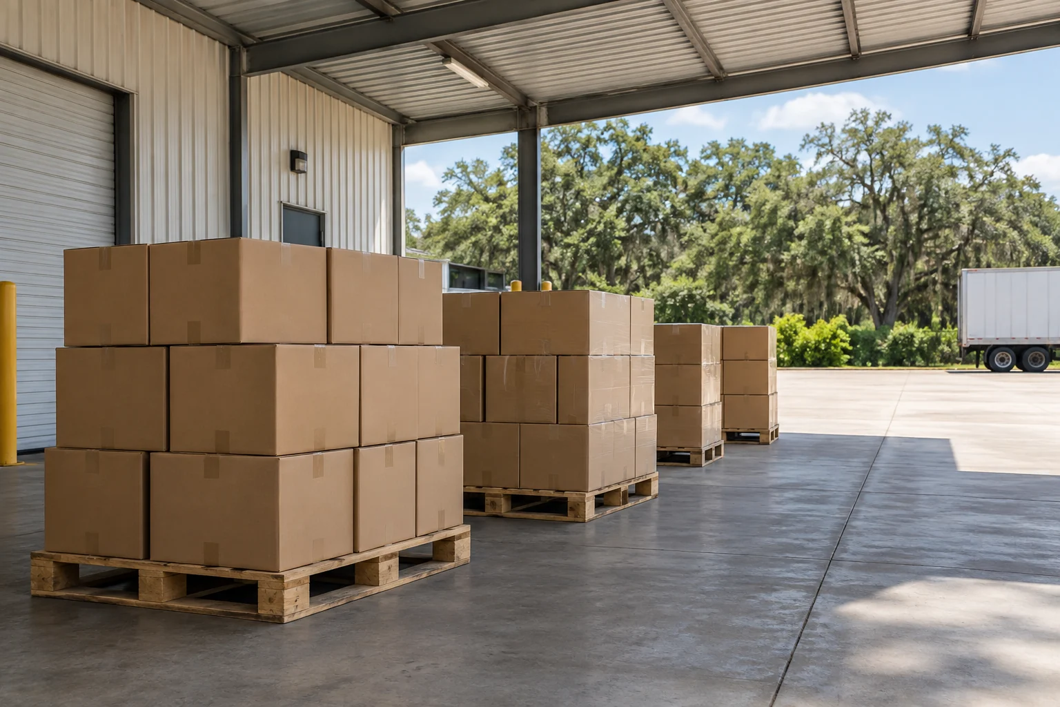 Boxed pallet loads staged beneath an open warehouse canopy
