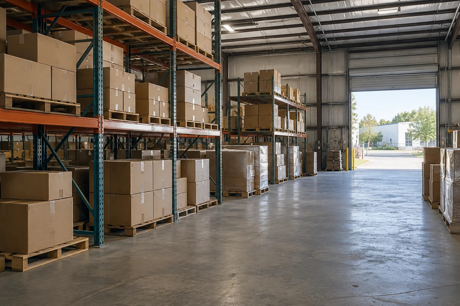 Warehouse shelving and boxed goods seen from an open working area